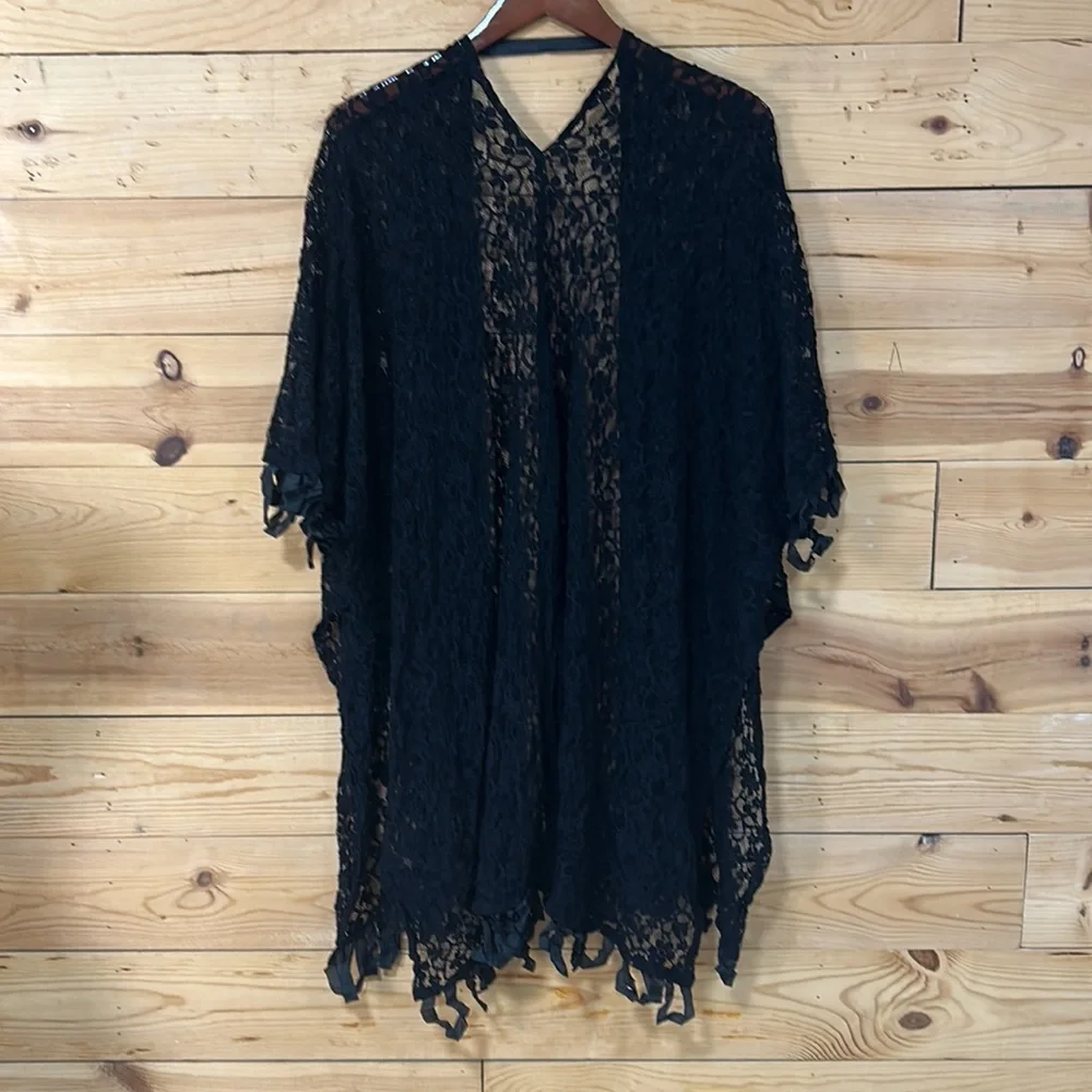 LAST CALL boutique brand black lace ribbon cover up wrap poncho NEW L XL OSFM